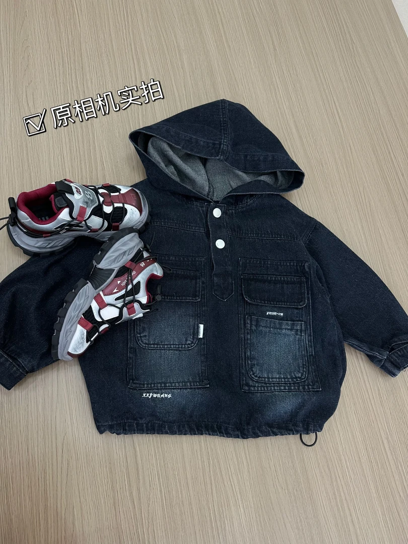 现货1676儿童牛仔外套黑色连帽韩版中大童时尚休闲百搭韩系