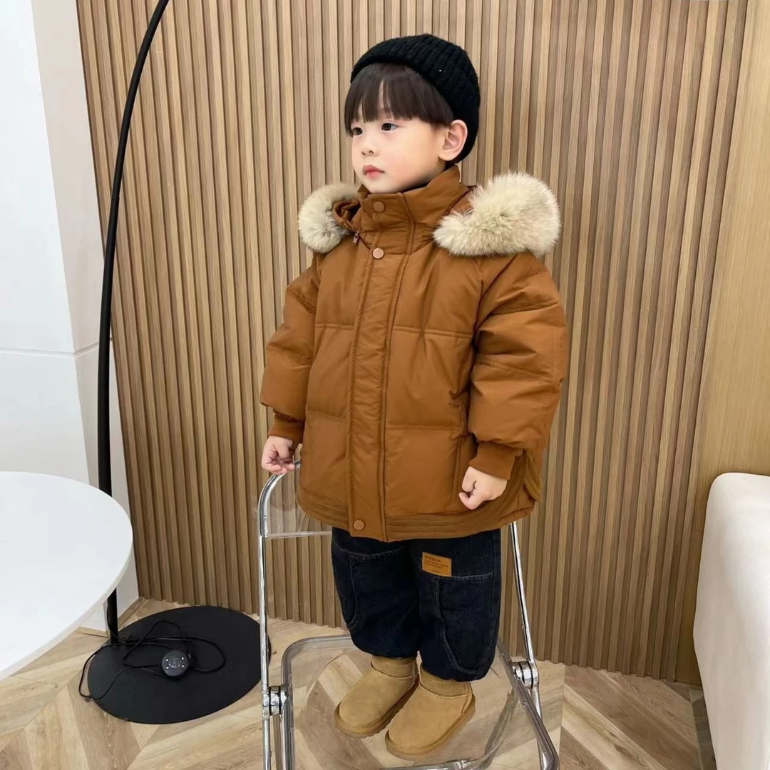 491羽绒服韩系大毛领冬款纯色加厚连帽中长款保暖秋冬男童中大童