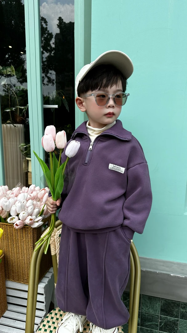 5066套装秋季韩版半拉链时尚纯色洋气男童中大童长袖裤子2023新款
