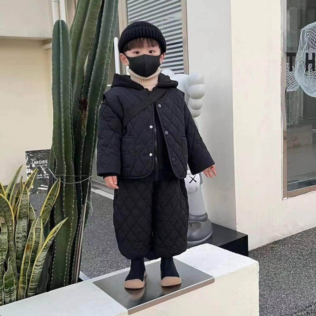 522套装冬季韩系拼接三件套棉衣连帽菱形拉链衫纯色男童中大童