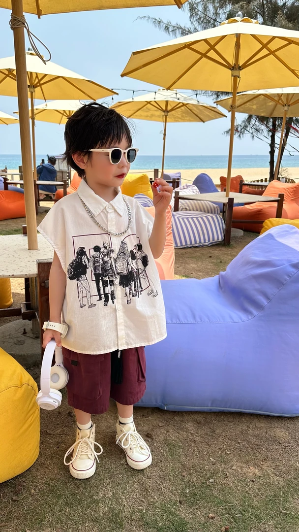 现货1475儿童衬衫背心男童洋气时尚夏季翻领日韩系小童印花