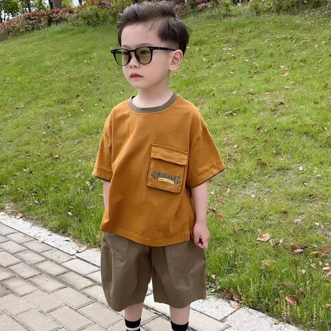 4545短袖儿童夏季针织立体口袋韩版纯色百搭圆领男童中大童上衣