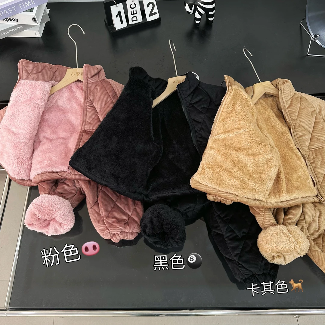 现货5166套装家居服儿童加绒加厚保暖冬季棉袄棉裤冬款男童