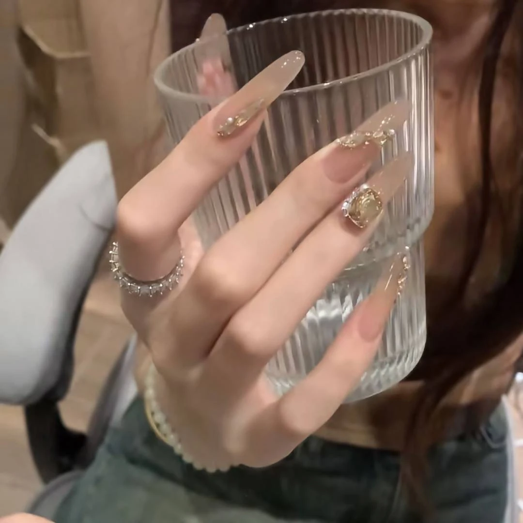 纯手工穿戴甲纯欲超仙裸色冰茶爆闪香槟钻气质穿戴式美甲片指甲贴