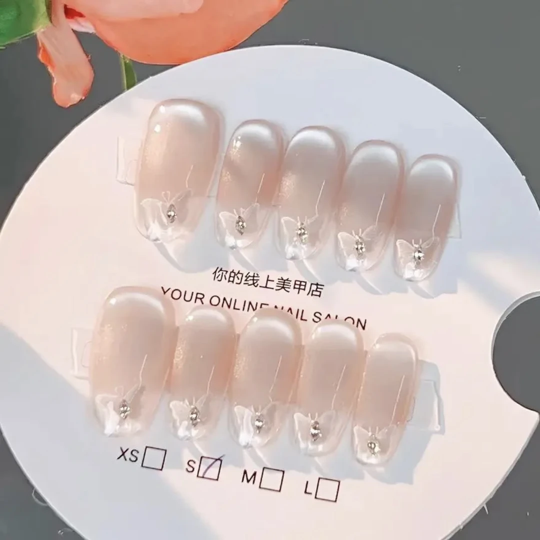【玉蝴蝶】纯手工冰透穿戴甲甜美夏日裸色果冻胶穿戴式甲片指甲贴片