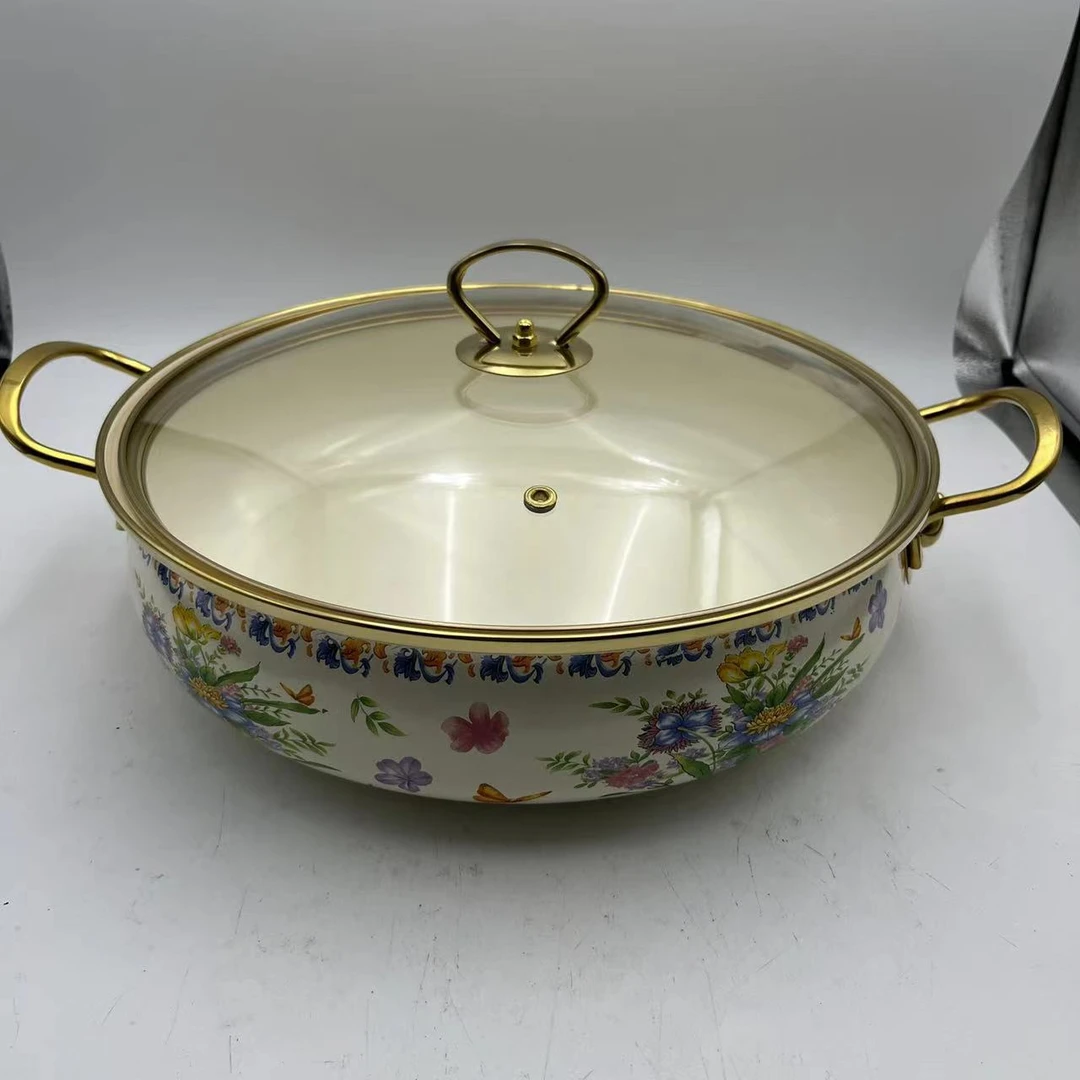 30cm【浪漫时光】搪瓷珐琅海鲜锅金边玻璃盖电磁炉明火通用