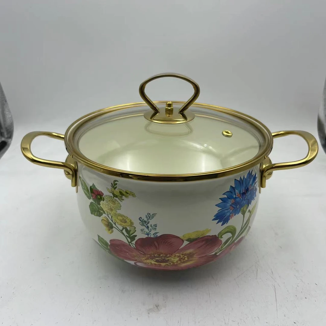 24cm【花卉】搪瓷珐琅汤锅金边玻璃盖-内销款