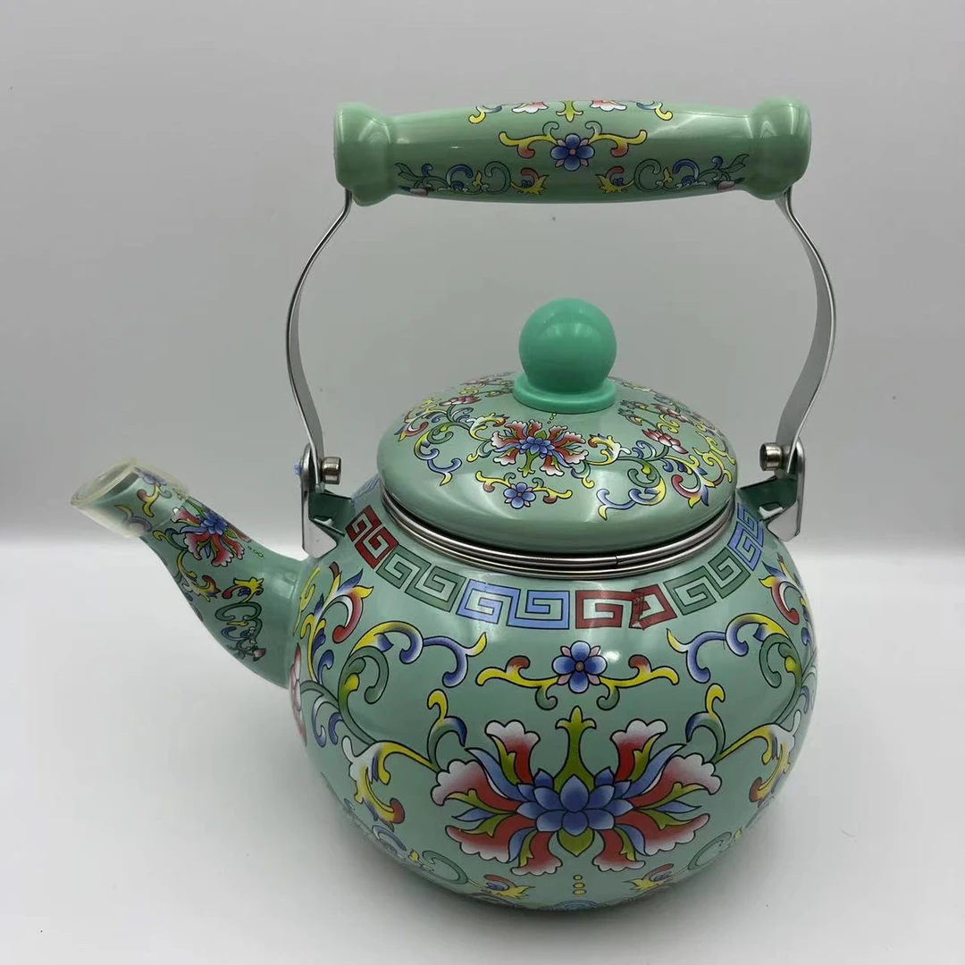 2.2L红绿黄勾莲花搪瓷珐琅茶壶烧水壶