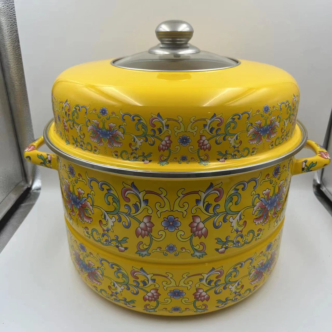 30cm搪瓷黄勾莲双层蒸锅可视盖炖锅煮锅电磁炉明火通用