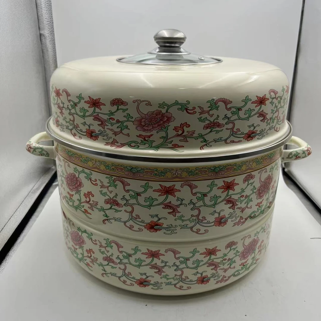 34cm【欧洲风情】搪瓷珐琅双层蒸锅可视盖子电磁炉明火通用