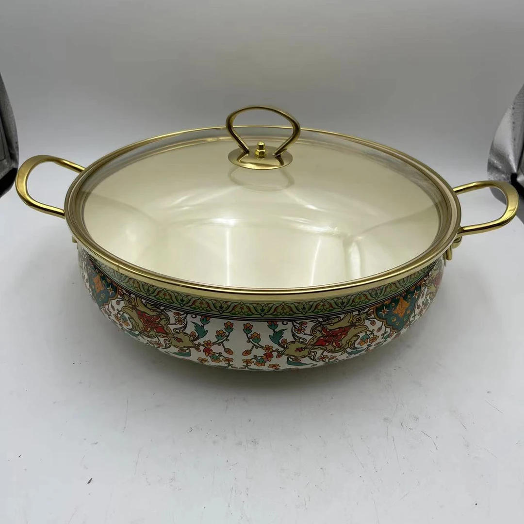 30cm【俄罗斯】搪瓷珐琅锅海鲜锅金边玻璃盖电磁炉明火通用珐琅锅