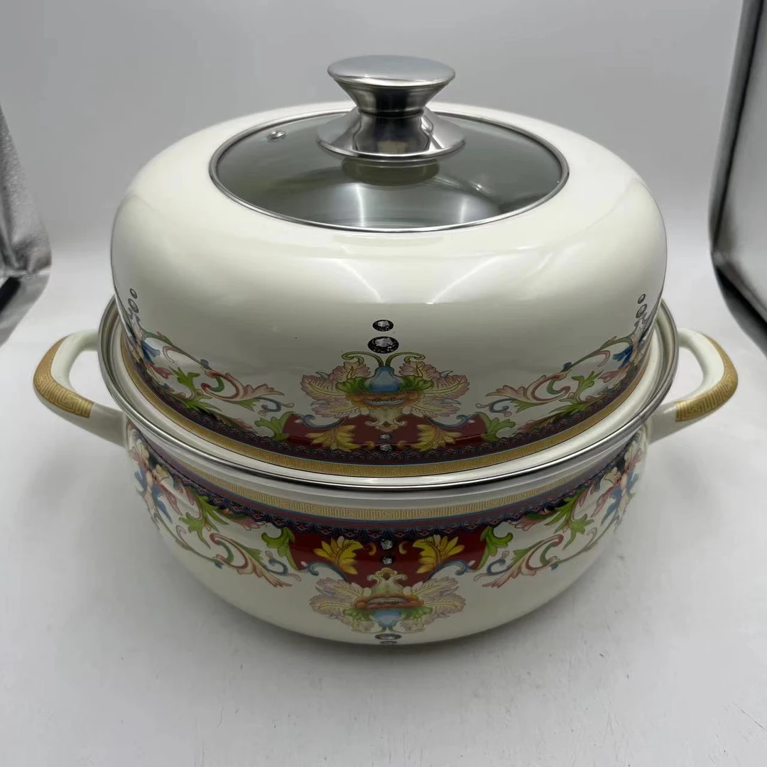 28cm【珍品】搪瓷防溢多用蒸煮锅可视盖子电磁炉明火通用