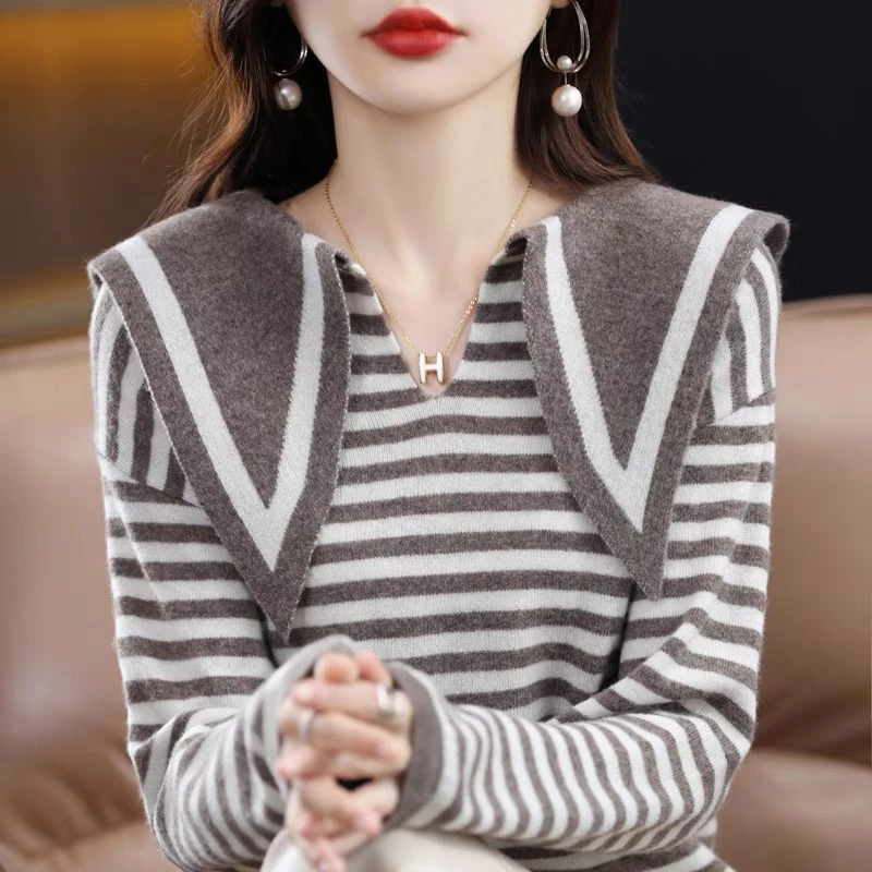 春秋冬新款条纹海军领100纯羊毛衫宽松针织打底衫羊绒毛衣百搭