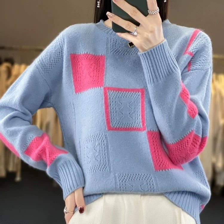 100羊毛衫新款秋冬女圆领拼色提花镂空针织毛衣时尚宽松大码百搭