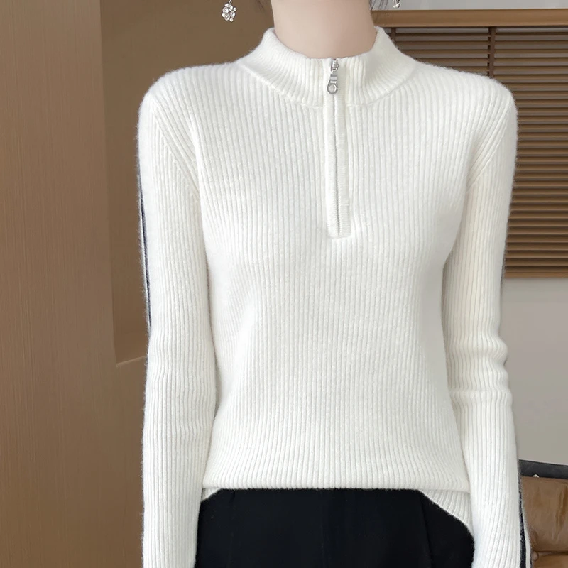 冬时尚拼色半高领拉链100羊毛衫女修身显瘦内搭针织毛衣款打底衫