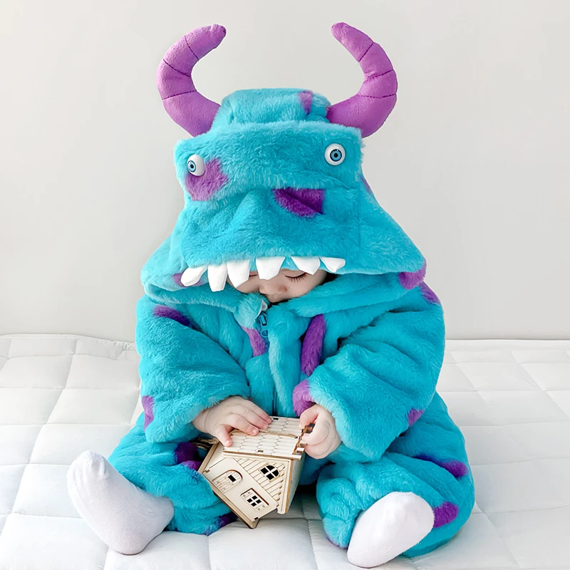 小宝宝搞怪衣服冬季加绒加厚珊瑚绒怪兽连体衣超萌婴儿服冬款外出