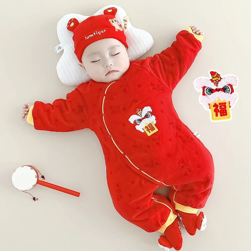婴儿新年服冬季夹棉连体衣拜年服新生儿满月百宴服宝宝过年装冬天