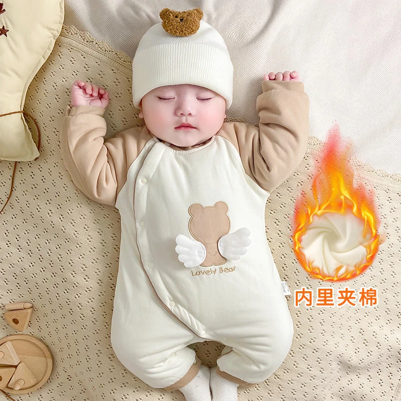 婴儿夹棉连体衣小月龄宝宝衣服秋冬棉衣婴幼儿外出服冬季小熊哈衣