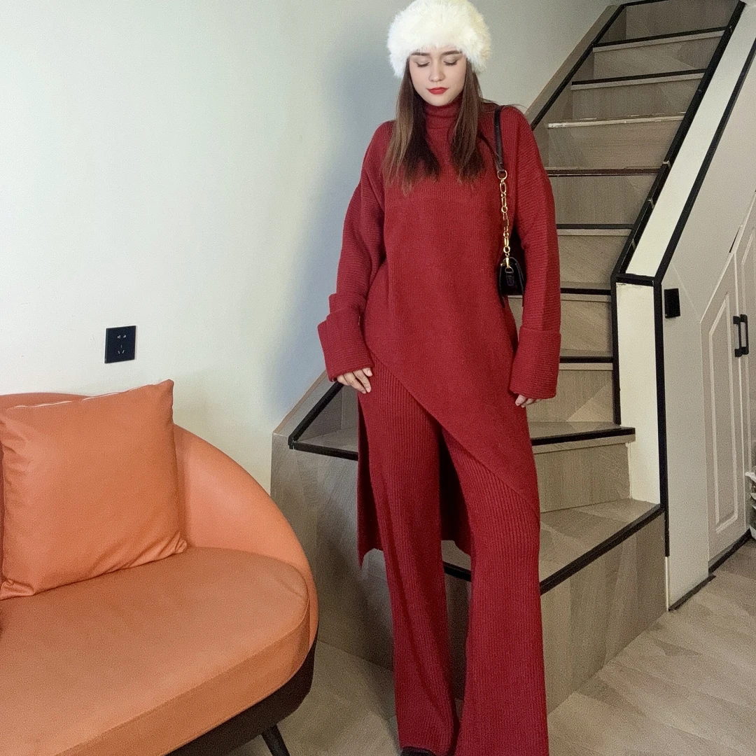 2024新款加厚保暖高弹高密抗起球不规则毛衣裙阔腿裤两件套套装