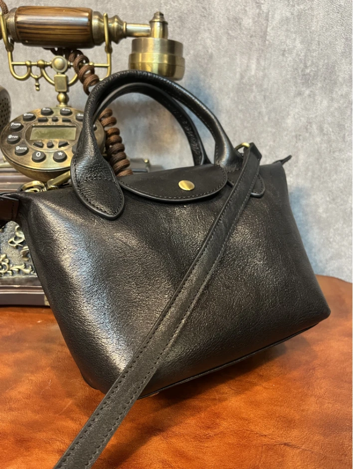 【三森印记】P23034 头层牛皮经典复古潮流百搭女士单肩包饺子包