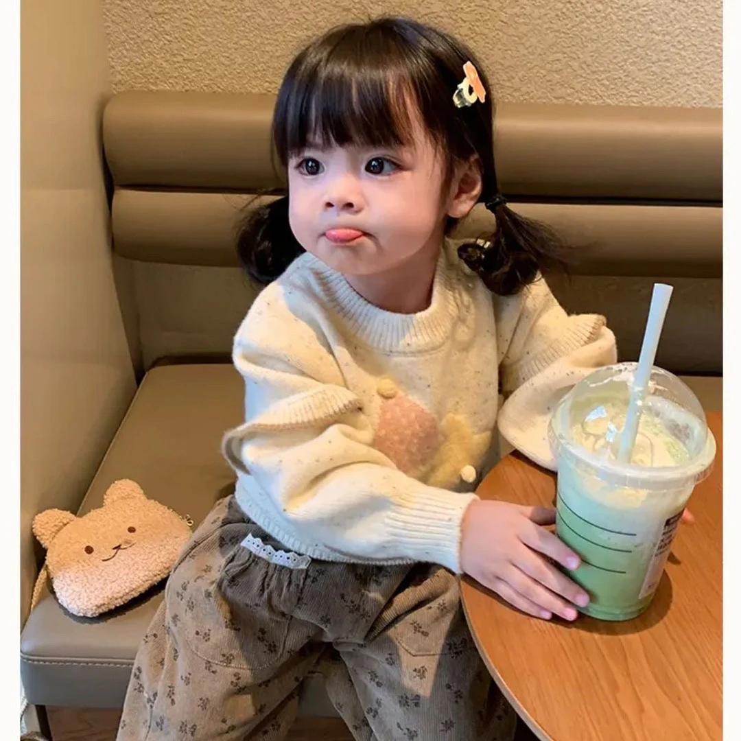 女童秋冬毛衣套装2024新款韩版宝宝蛋糕毛衣花边灯芯绒裤子两件套