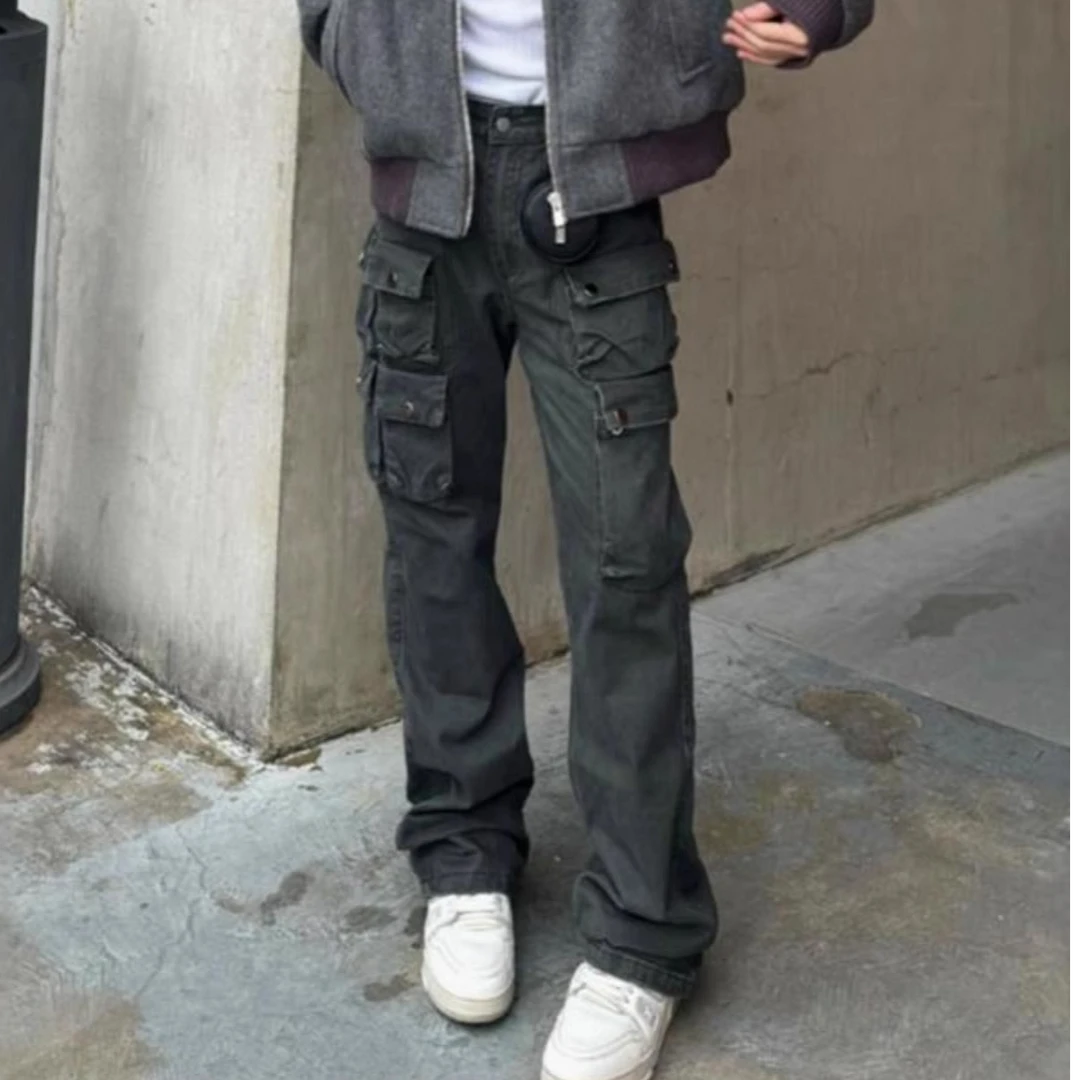 灰色微喇百搭工装裤男女秋季新款多口袋修身阔腿休闲直筒拖地裤潮