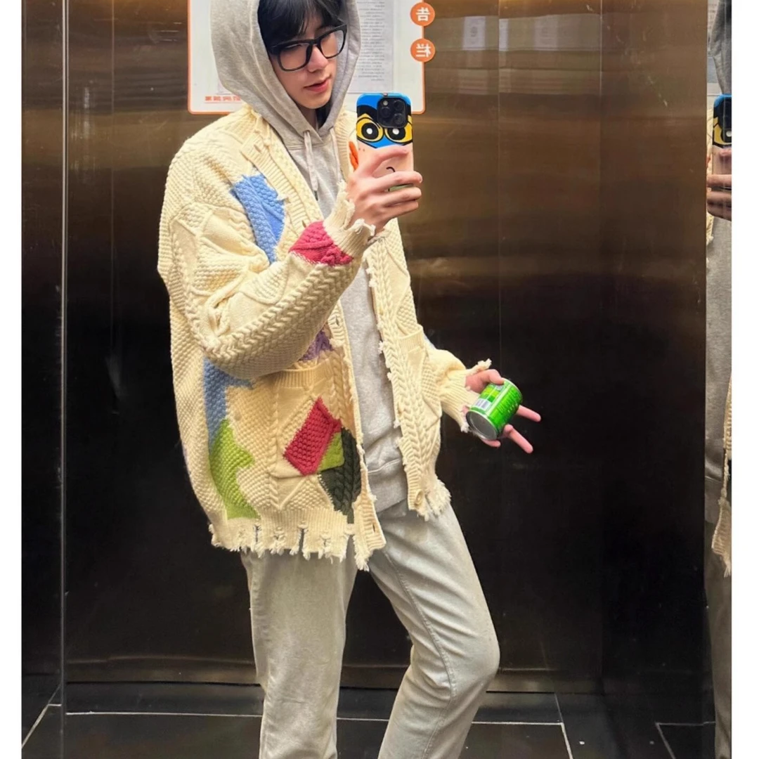 美式设计小众破洞涂鸦针织毛衣外套情侣宽松慵懒风撞色开衫上衣潮