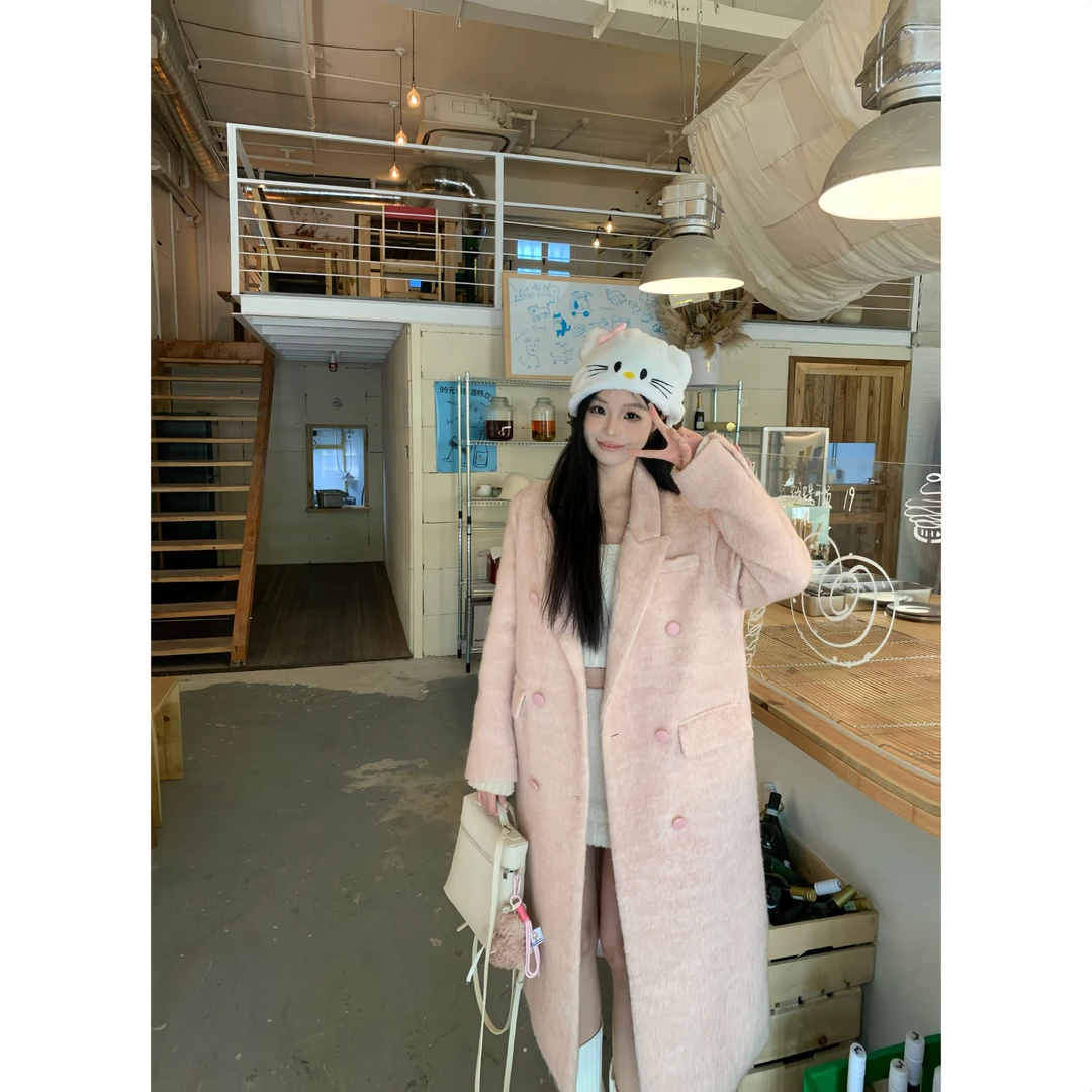 UM家 粉色夹棉加厚冬季网红韩版宽松西装领长款毛呢子大衣外套女