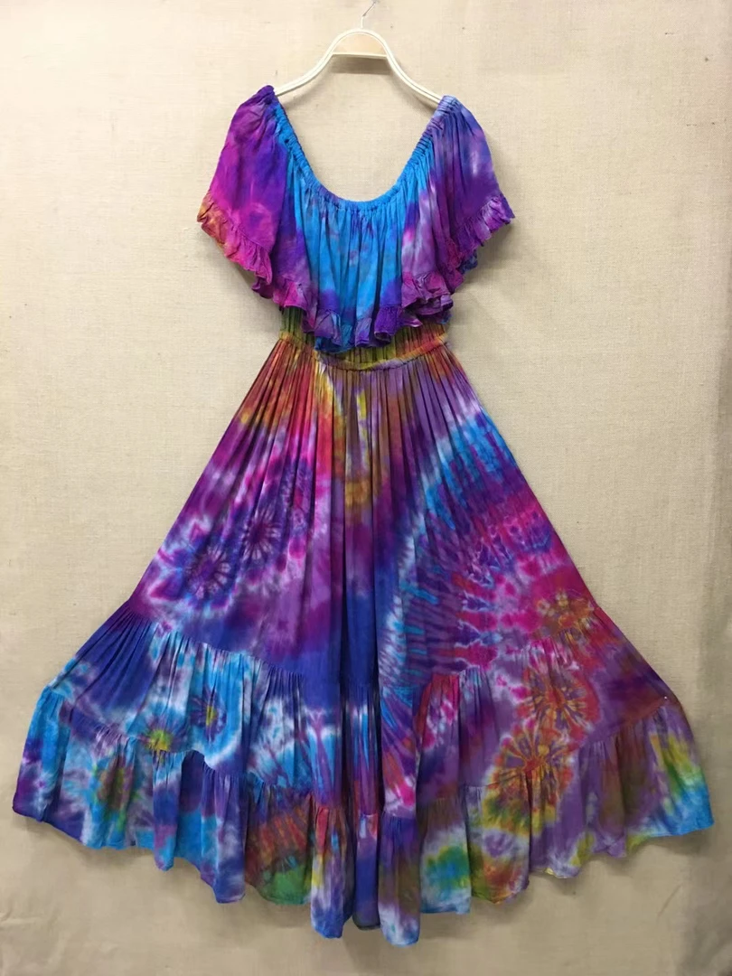 泰国扎染一字肩连衣裙长裙