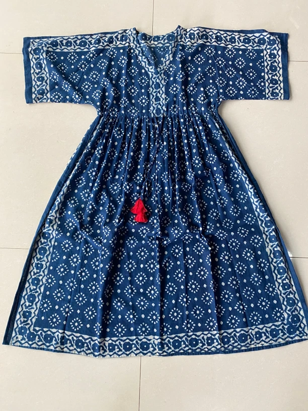 印度品牌蓝染异域风情半袖长裙均码