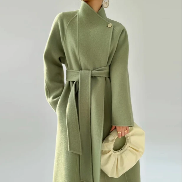 844冬季新款保暖加厚高级感大衣女中长款香草绿色气质时尚外套女