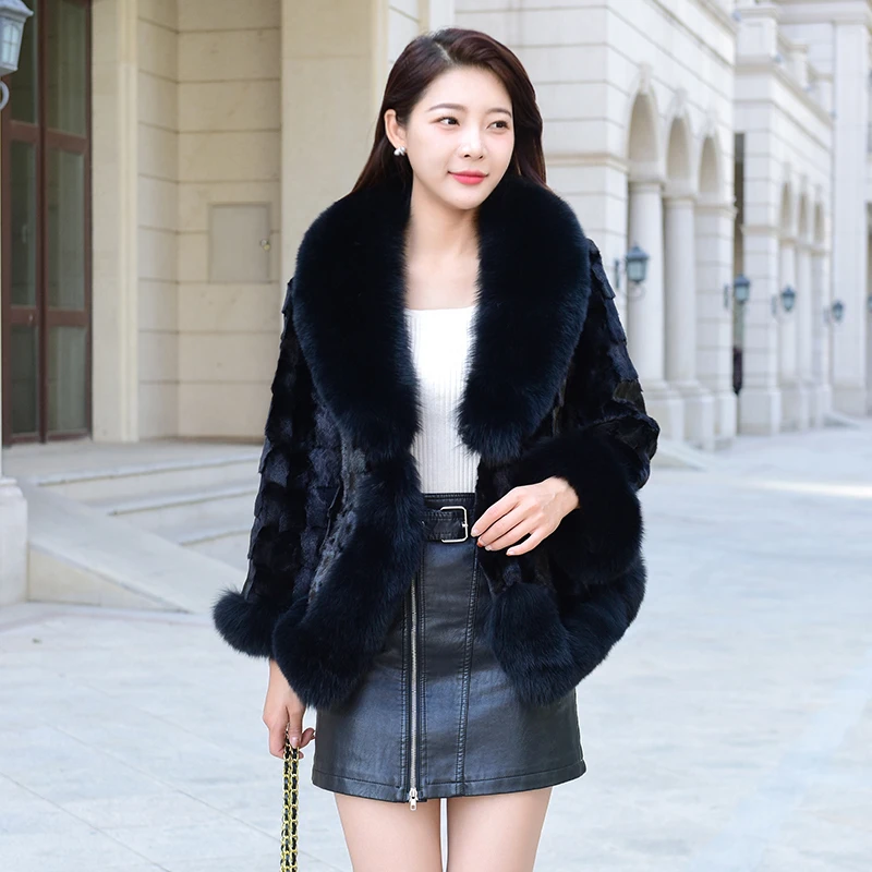 2024新款女士皮草大衣水貂毛狐狸大毛领设计师外套秋冬款洋气必备