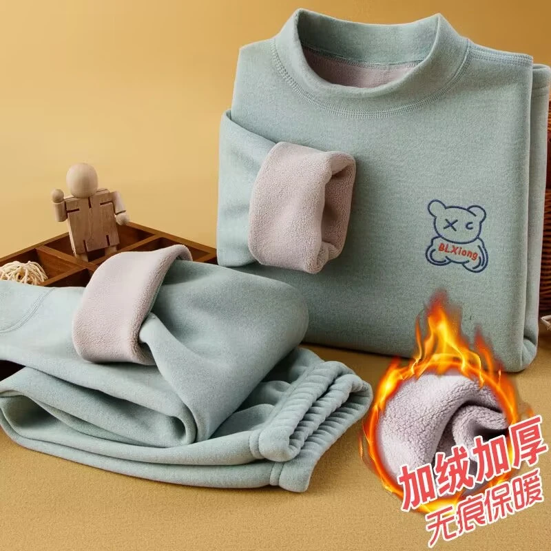 儿童双面保暖内衣加绒加厚男童德绒女童男孩大童秋衣秋裤保暖打底