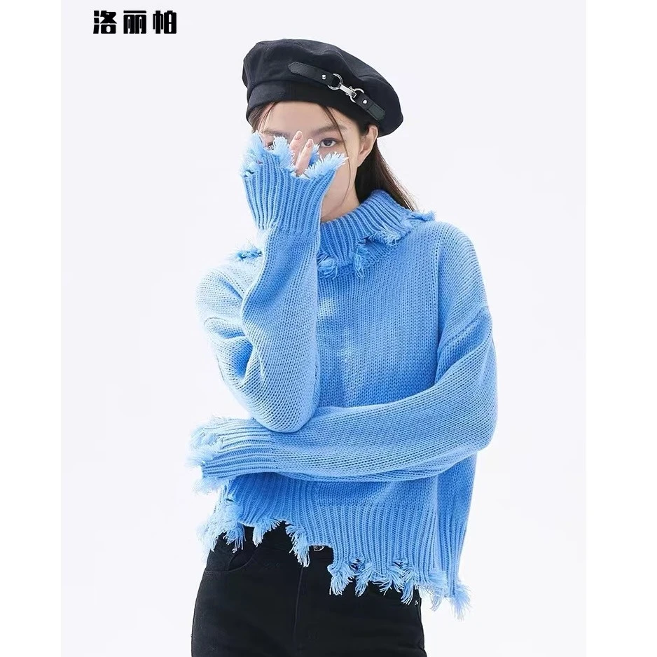洛丽帕商场同款不规则设计感高领蓝色毛衣破边短款针织衫秋冬网红