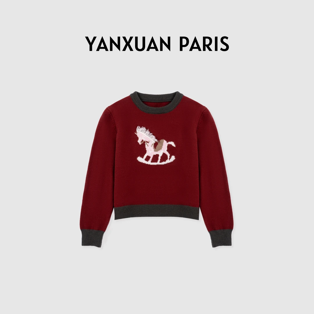 “童趣小马”复古提花拼色毛衣新款学院风减龄圆领套头上衣M0013