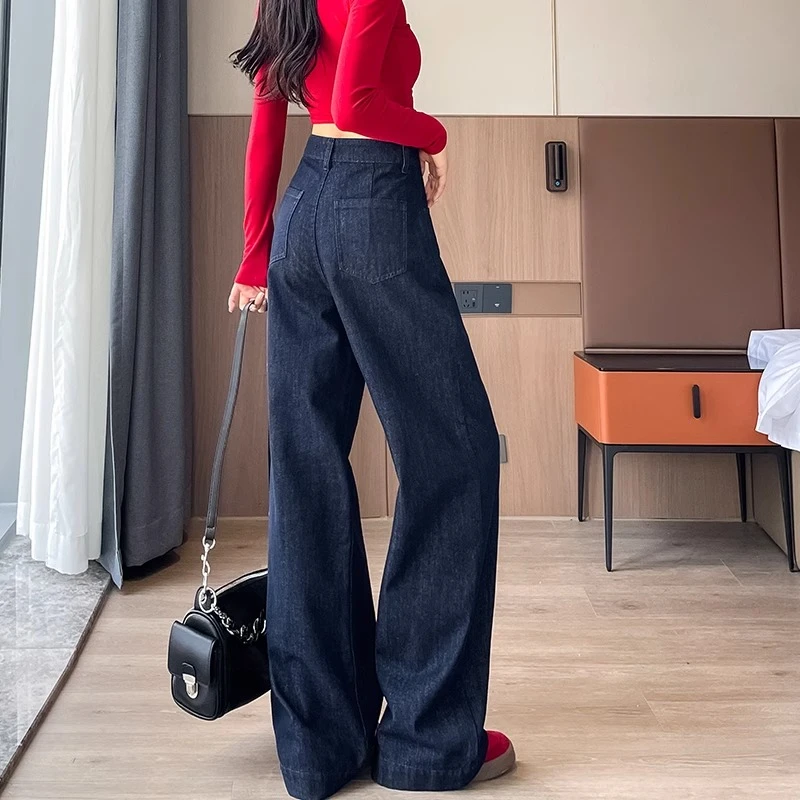 加绒深蓝色牛仔裤女2025年新款宽松显瘦直筒高腰复古拖地阔腿裤子