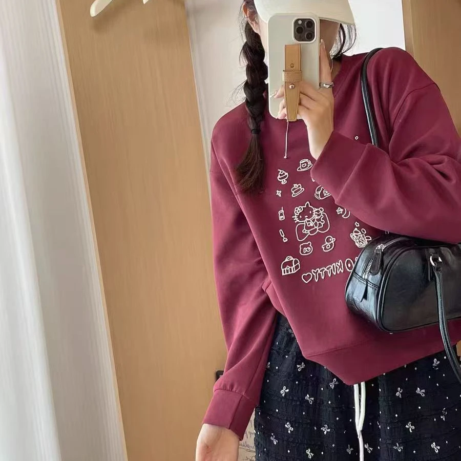 韩国ins卡通刺绣圆领卫衣女2024春秋新款休闲风宽松套头上衣潮