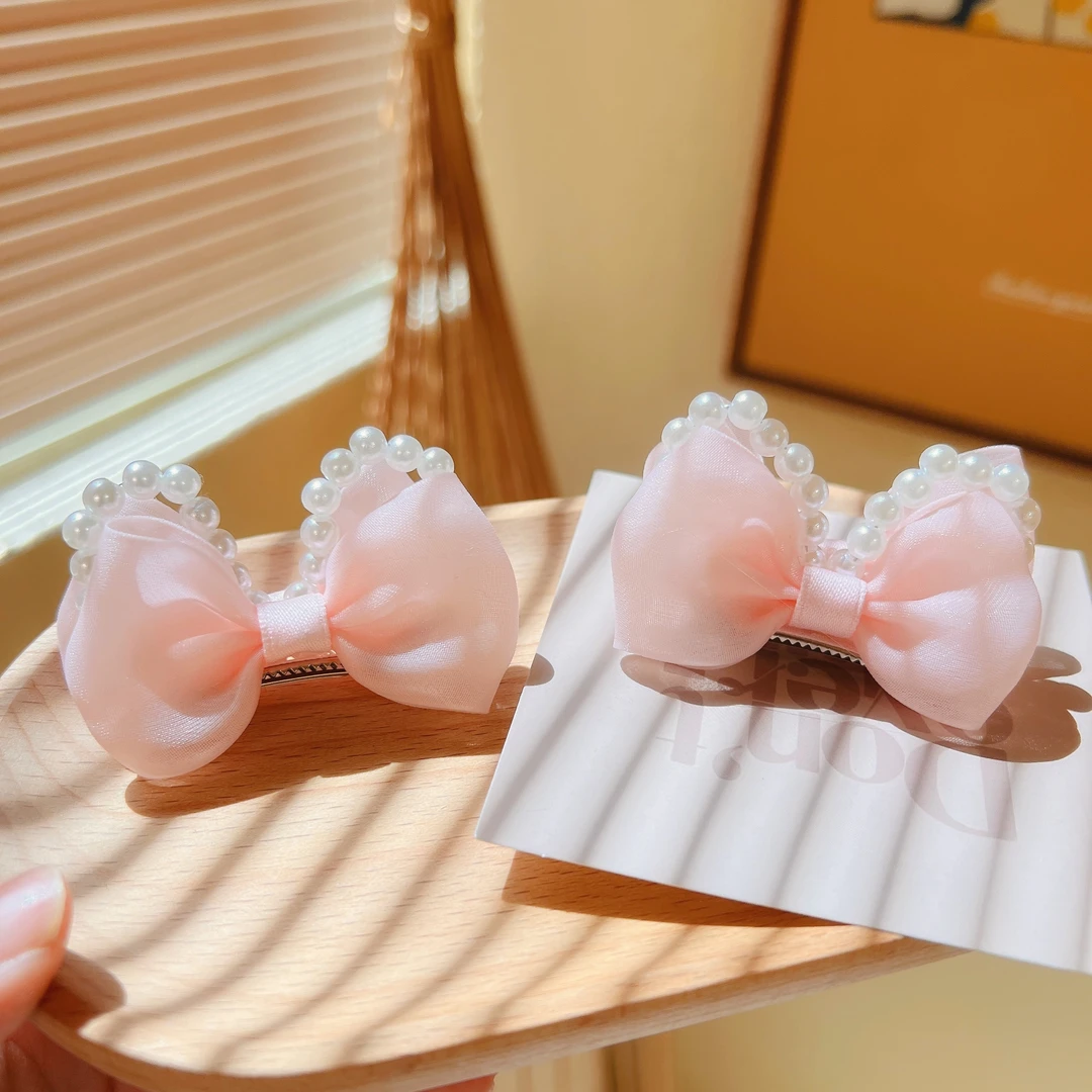 EF1123【满9.9发货】儿童可爱立体珍珠蝴蝶结网纱对夹顶夹发饰