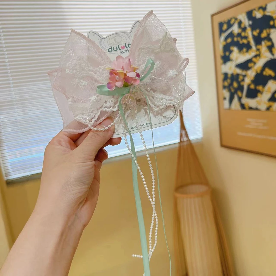 EF1421【满9.9发货】粉色蕾丝蝴蝶结古风流苏大发卡儿童发饰发夹