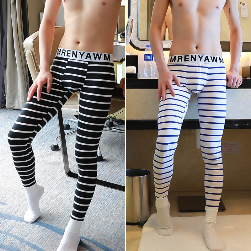 条纹男士秋裤纯色棉保暖裤男青少年秋裤紧身款潮流学生修身秋冬季