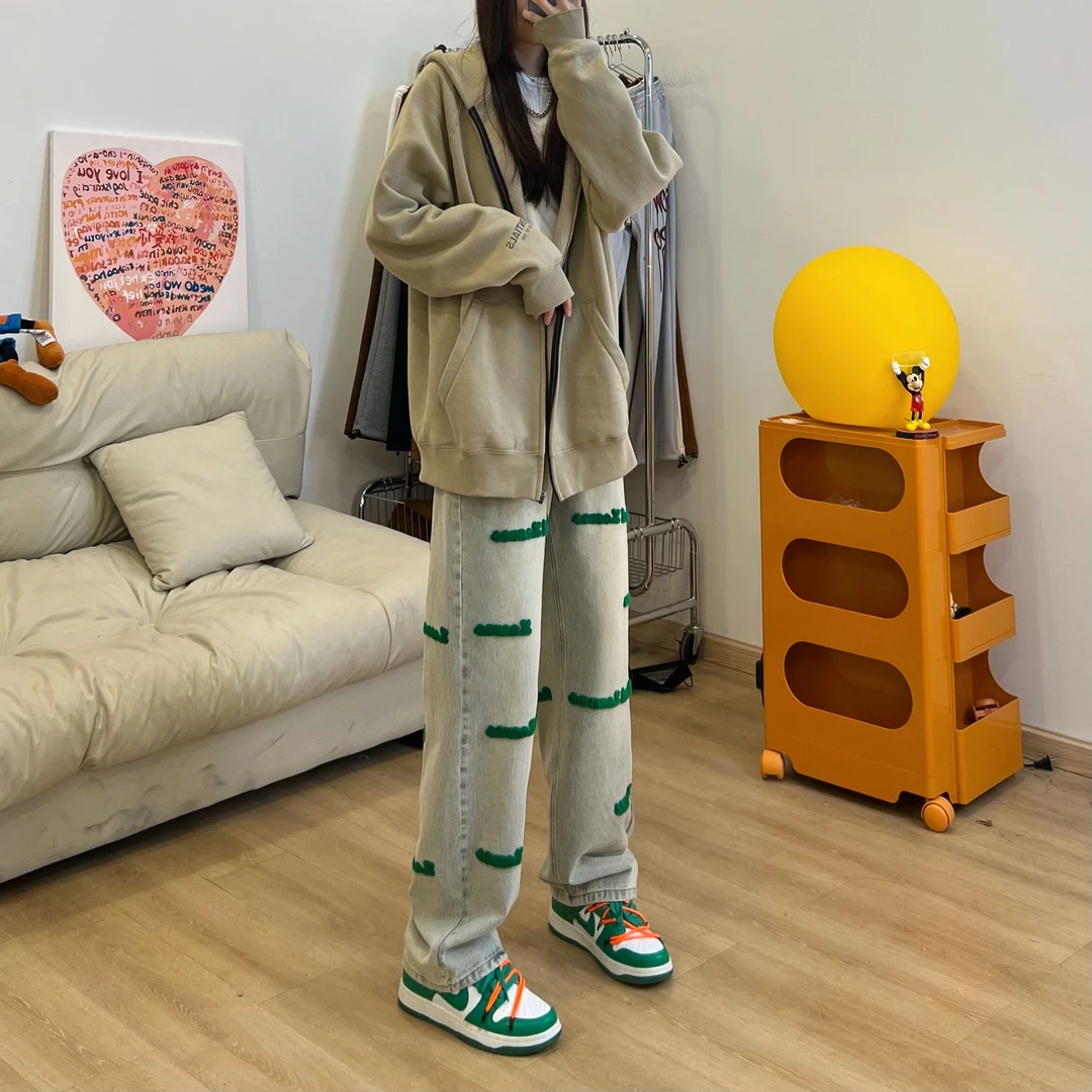 美式水洗毛巾刺绣直筒牛仔裤国潮牌嘻哈高街复古男女坠感长裤y105