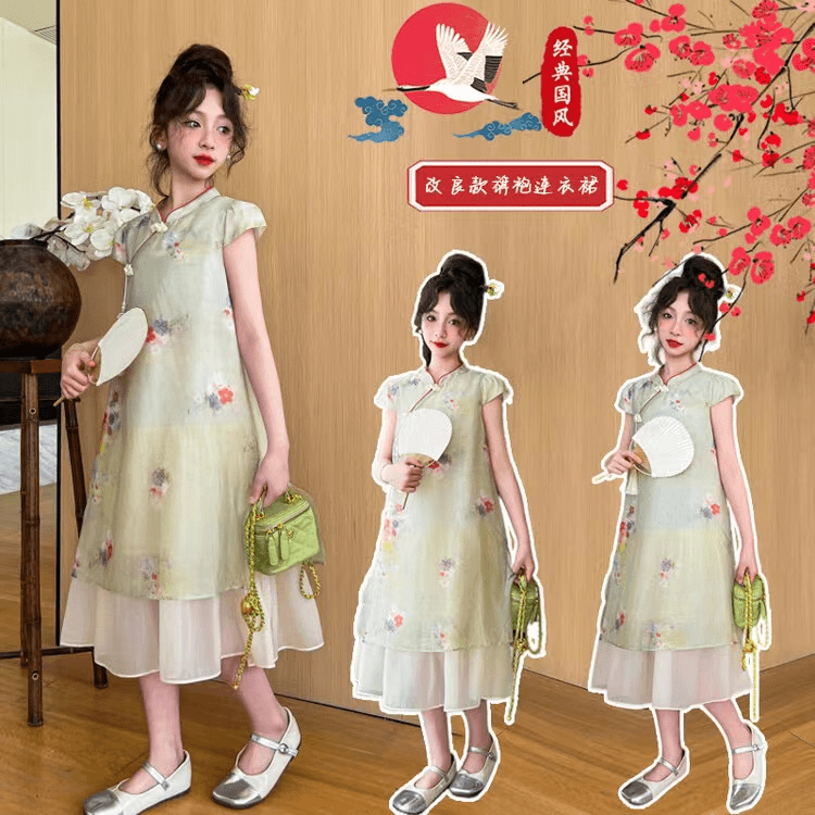 女童夏季复古国风中式经典改良旗袍裙0986古风洋气民族风绣花公主