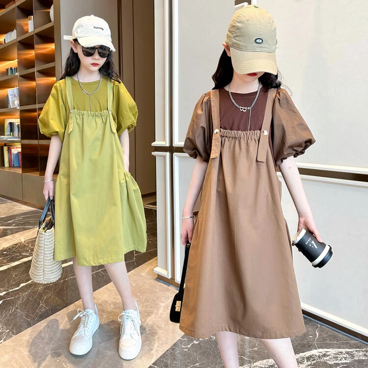 女童中大童时尚背带连衣裙套装韩版夏季纯色显瘦大码网红洋气宽松