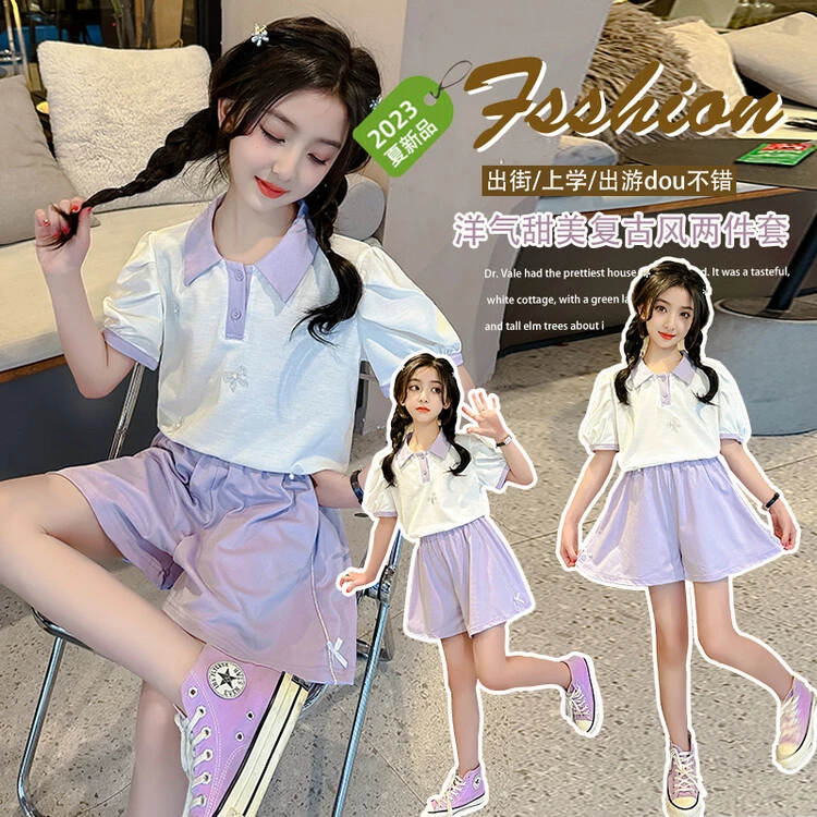 女童夏季套装019中大童时髦洋气甜美出街时尚女孩翻领运动套装