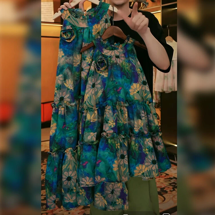 母女装 夏季女童亲子同款时尚复古国风宽松印花显瘦气质连衣裙