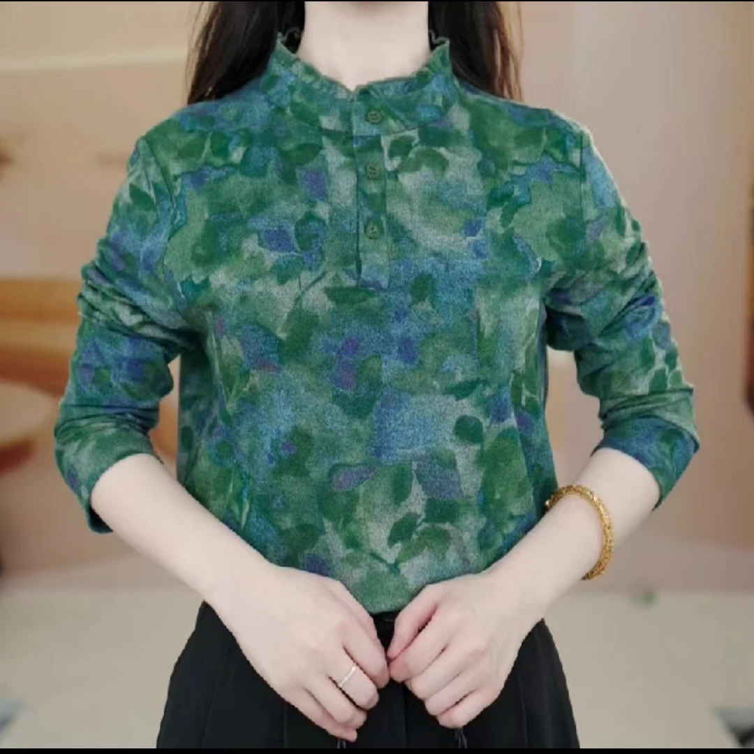 X8811圆领长袖小衫女2025新款碎花显瘦套头衬衫上衣女保暖打底衫