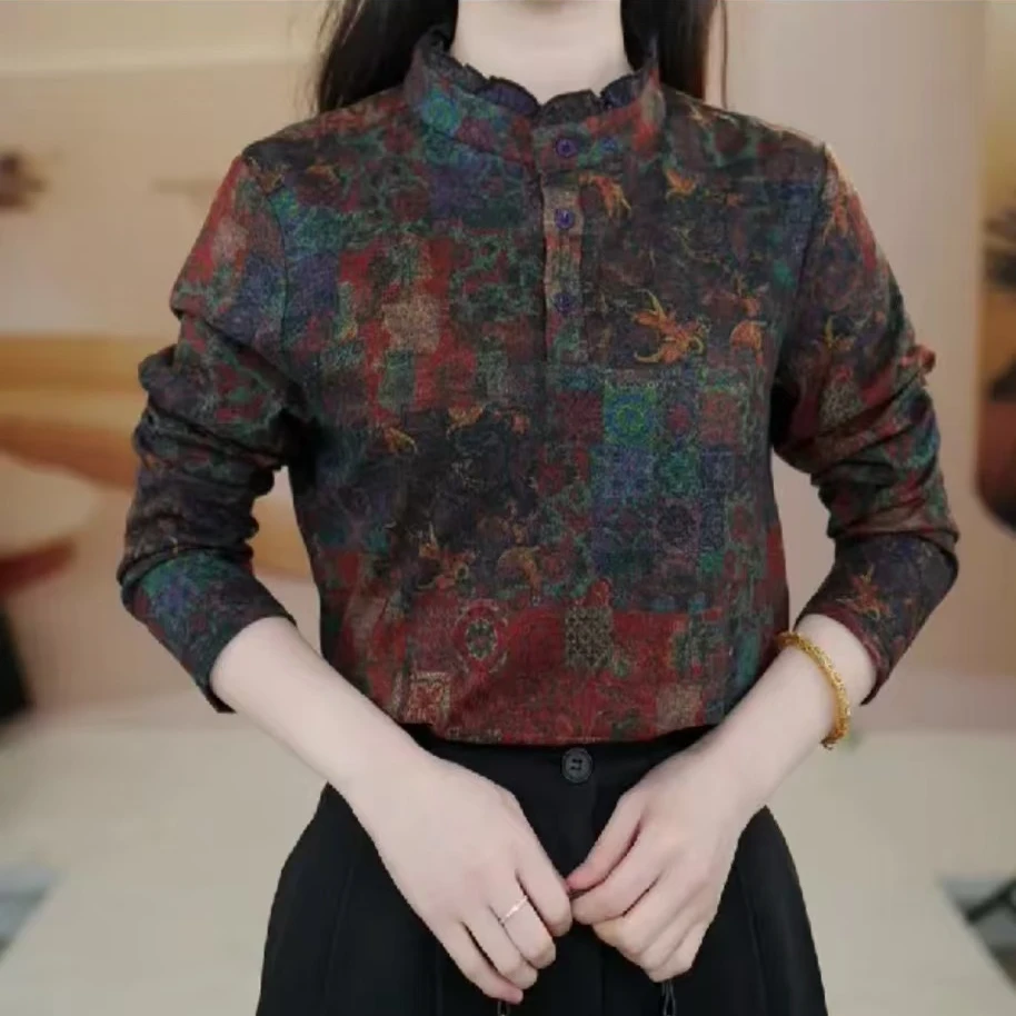 X8813圆领长袖小衫女2025新款碎花显瘦套头衬衫上衣女保暖打底衫