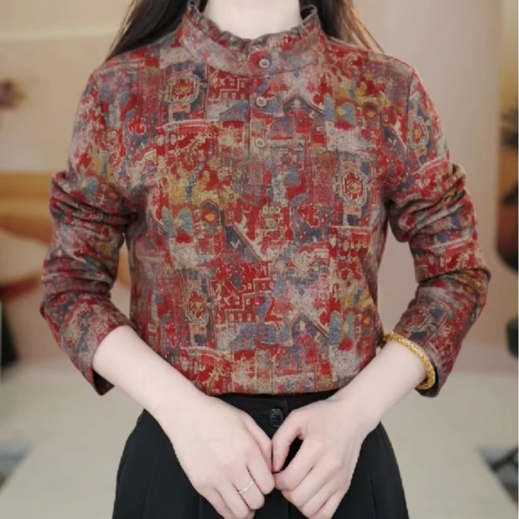 X8808圆领长袖小衫女2024新款碎花显瘦套头衬衫上衣女保暖打底衫