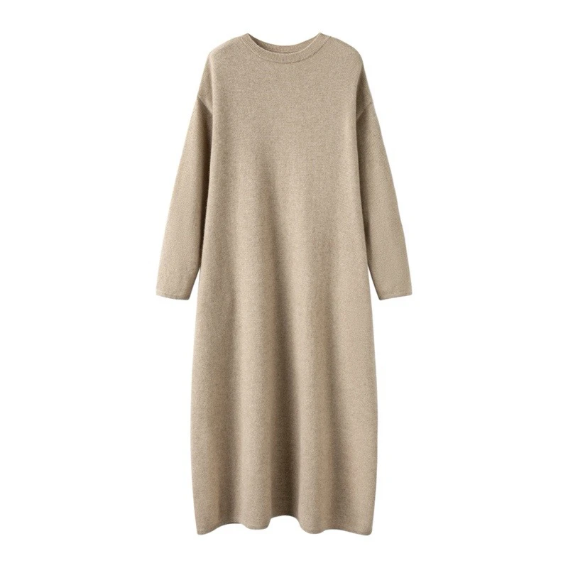 W-2031已开价 100%山羊绒衫中长款12针开叉宽松慵懒风羊绒连衣裙