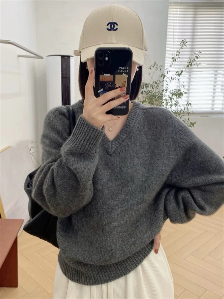 JA903已开价 100%羊毛衫v领马鞍肩宽松休闲羊毛针织衫时尚短款